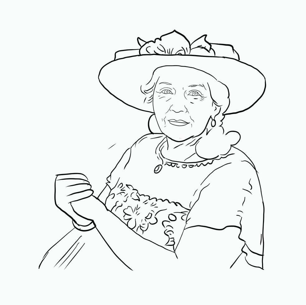 black and white line. Vintage Style Woman with Hat. Portrait of a Elderly Lady in a Stylish Hat. Elegant Woman in Hat. Cartoon Style Illustration vector