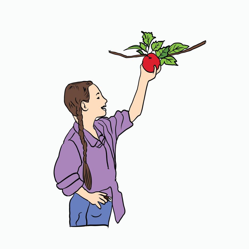 Girl with apple on a branch vector