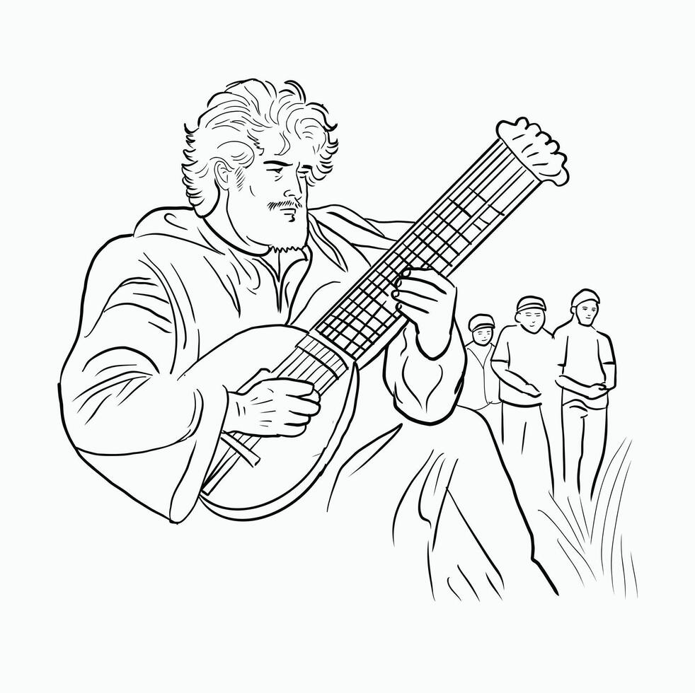 black and white line. Musician Playing Ancient Lute. Historical Musician with Instrument. Man Playing Vintage Instrument. Troubadour with Lute. Cartoon Style Illustration vector