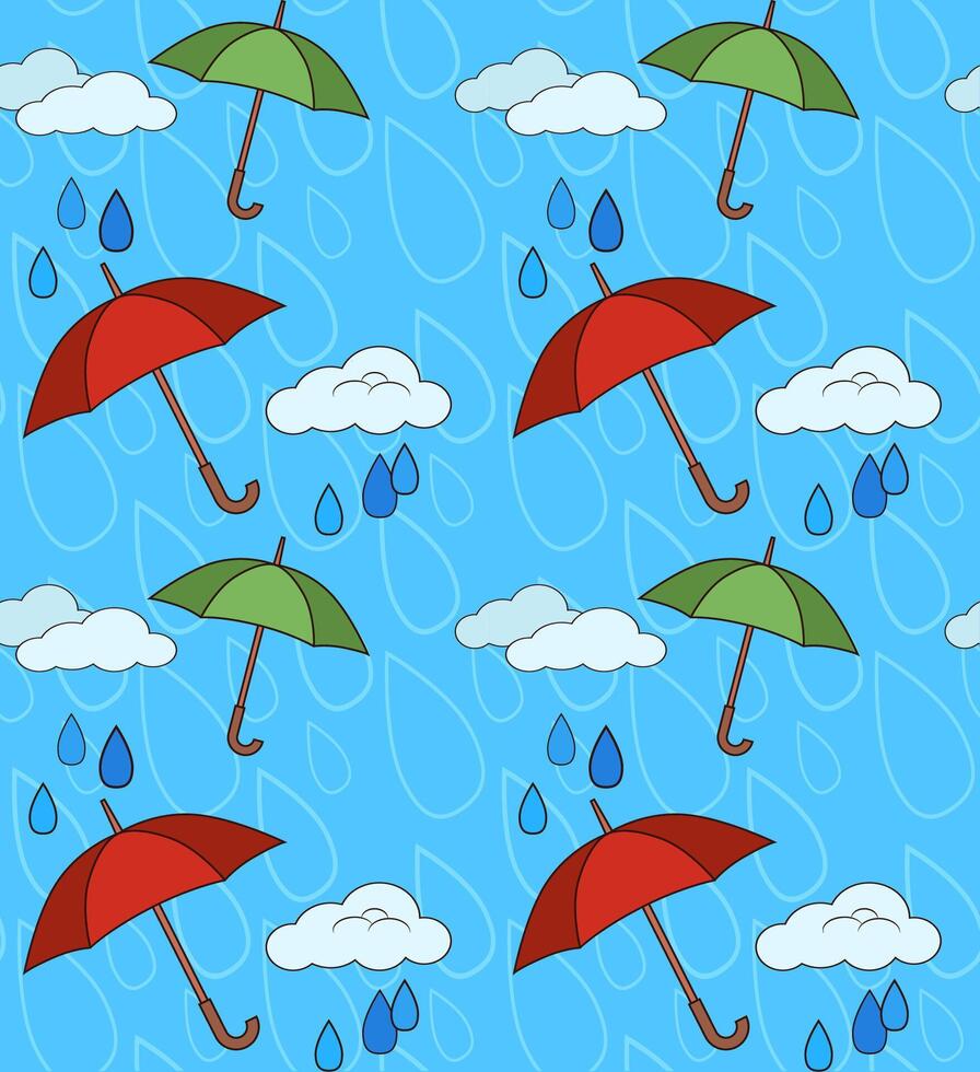 Pattern with umbrellas, drops and clouds vector