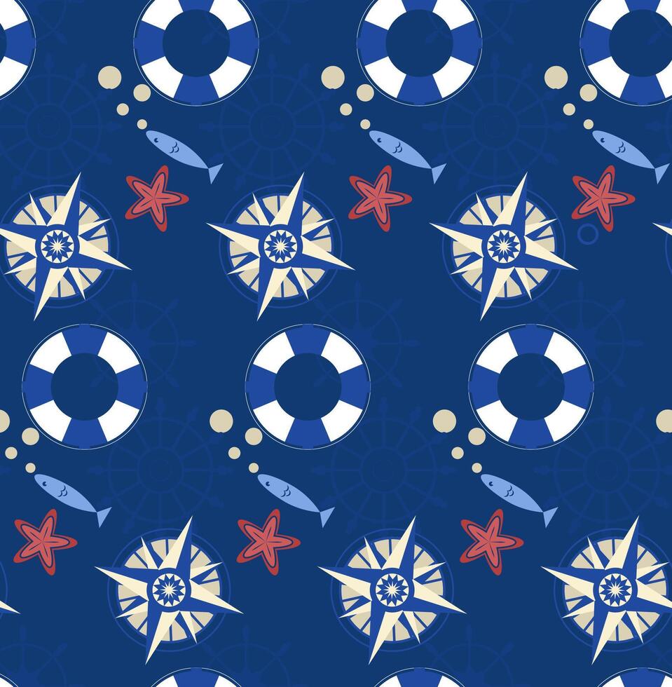 Nautical pattern with stars and lifebuoys vector