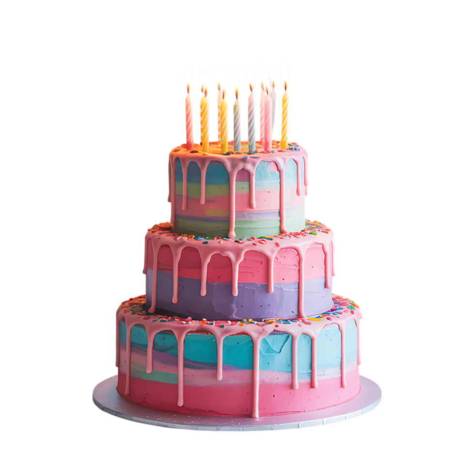 Delicious three-tiered birthday cake adorned with colorful layers, dripping frosting and lit candles png
