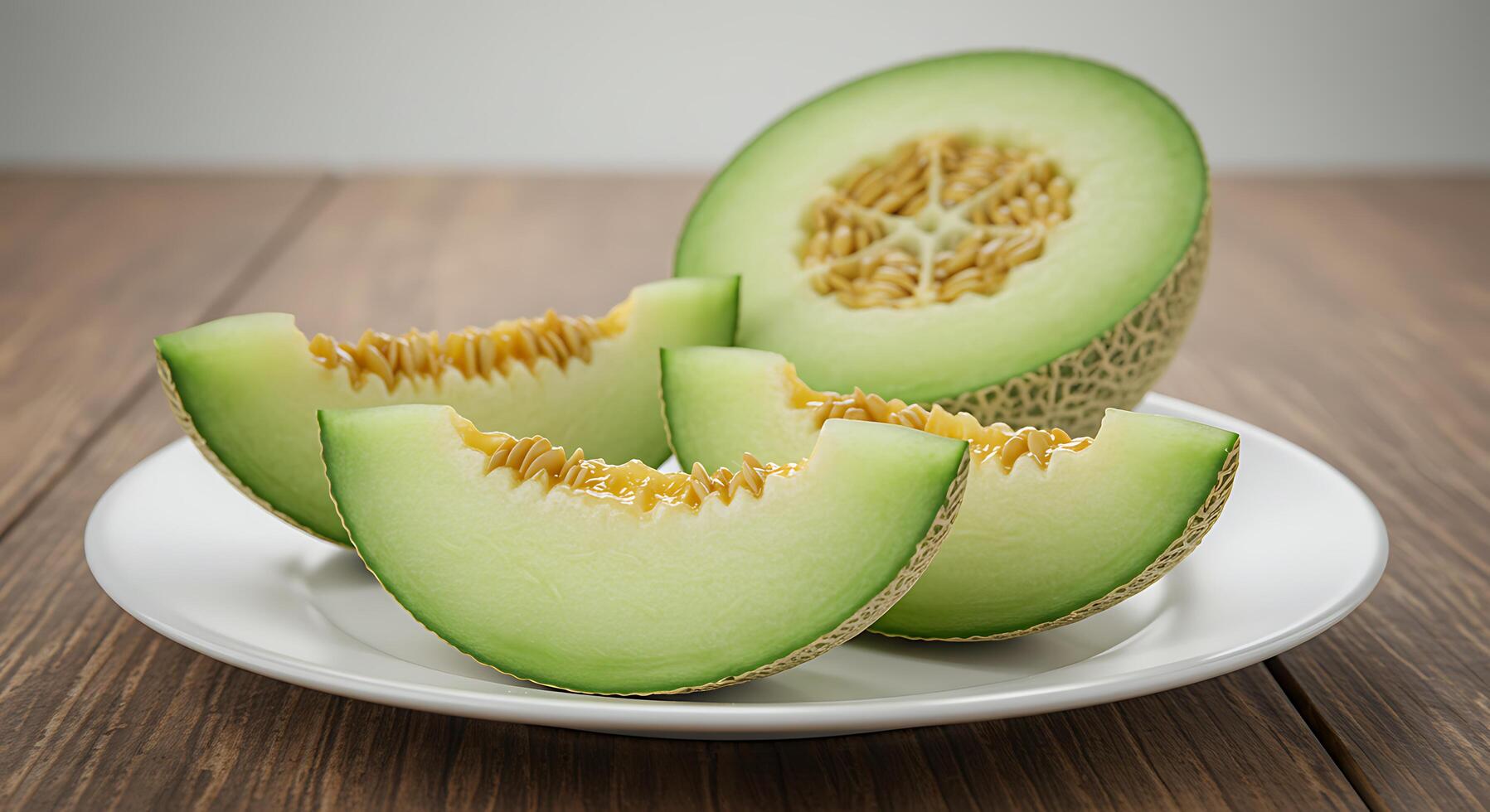 A white plate with four slices of melon photo