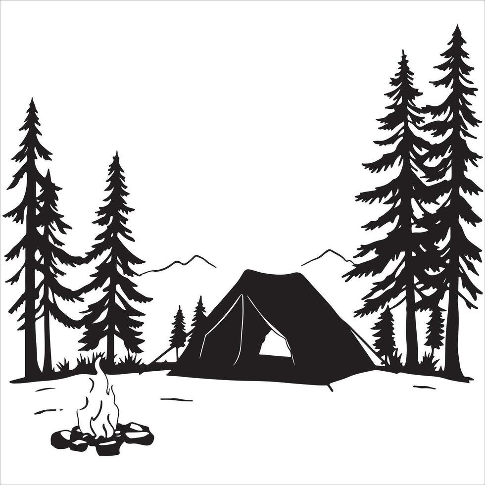 Camping tent and fire in the woods illustration vector