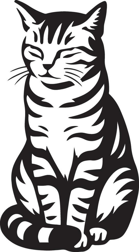 Serene tabby cat black and white illustration, Peaceful house cat minimalist drawing vector