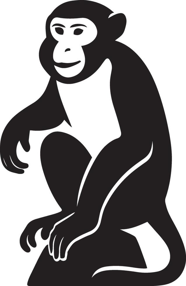 Monkey sitting silhouette simple pose, Primate resting black and white artwork vector