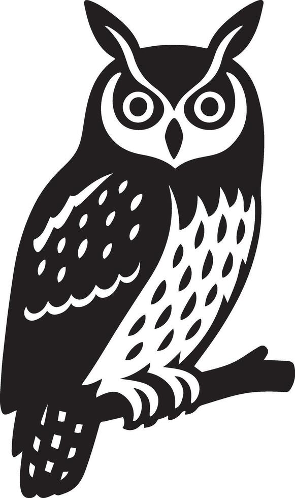 Owl perched on branch stylized black and white, Nocturnal bird silhouette clean drawing vector