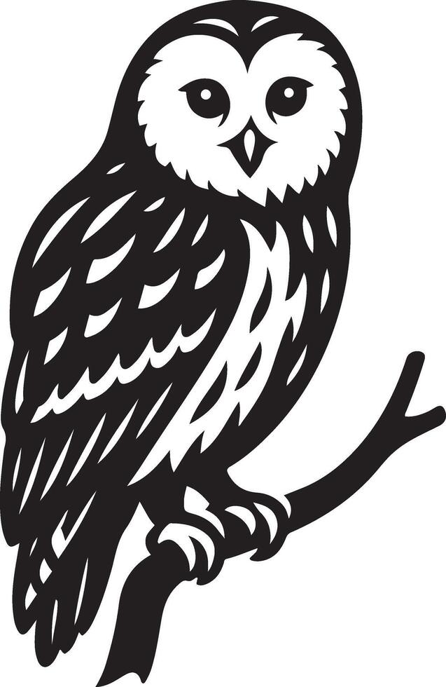 Owl silhouette elegant black and white on branch, Stylish nocturnal bird drawing vector