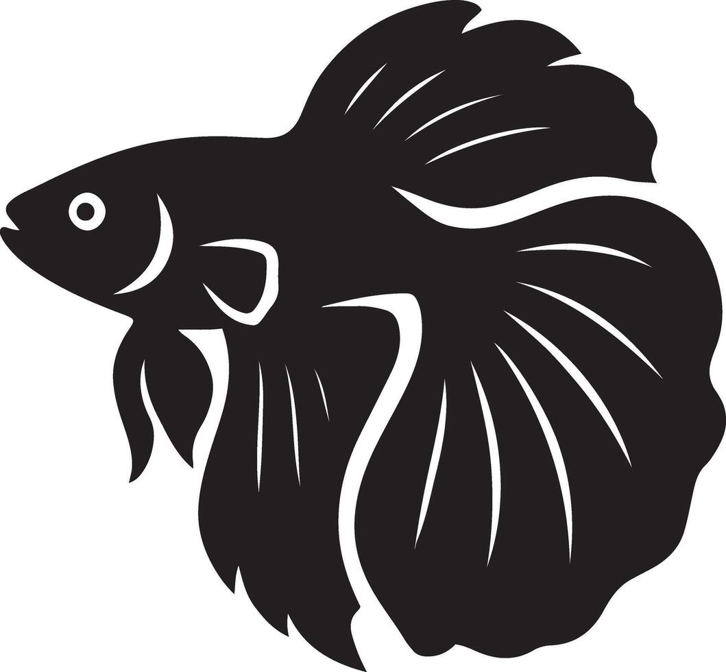 Black and white betta fish silhouette artwork, Flowing fin elegant aquatic drawing vector