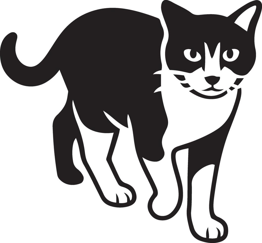 Cat silhouette facing forward black and white design, Feline front view in minimal sketch vector