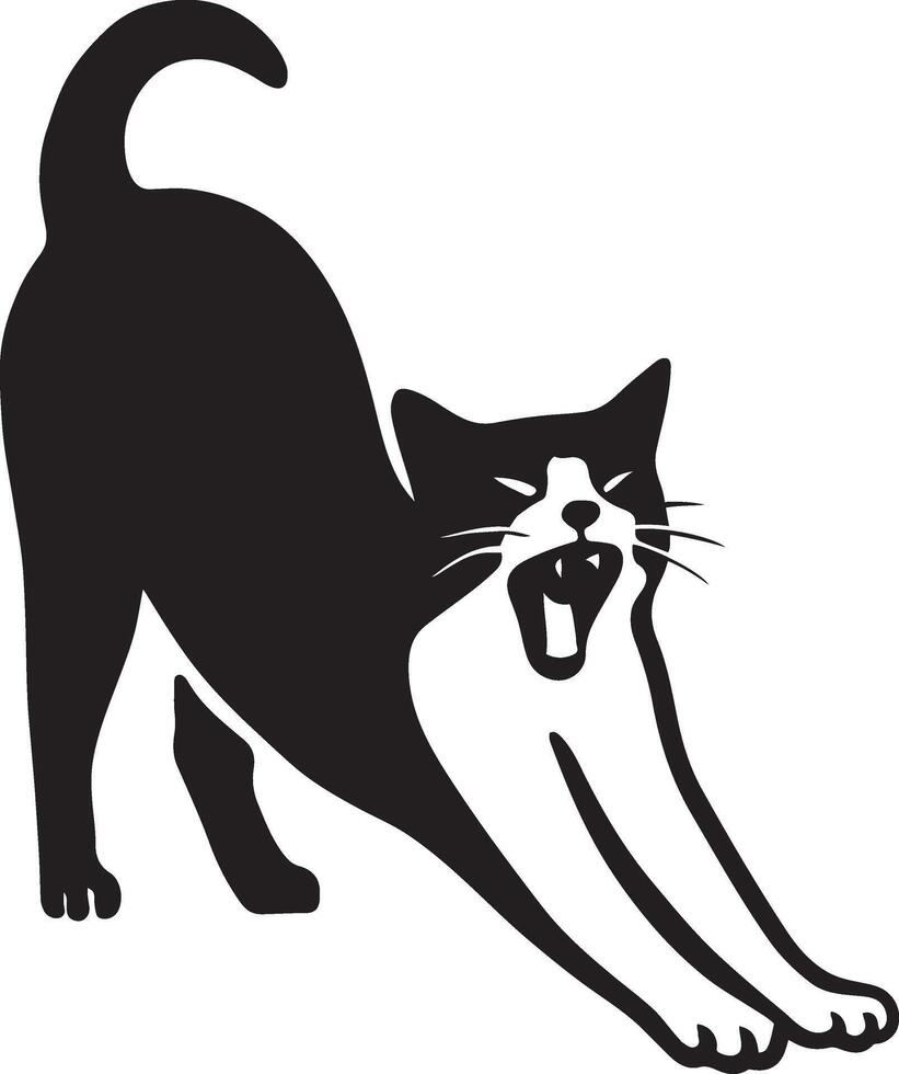 Cat stretching and yawning silhouette black, Relaxed feline pose black and white vector