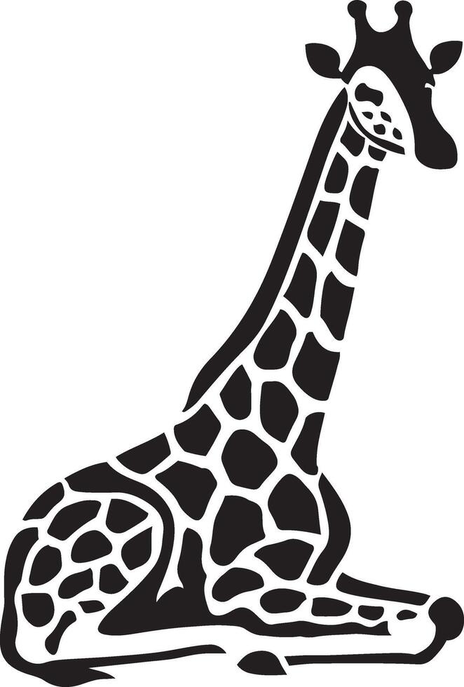 Relaxing giraffe silhouette minimal design, Calm wild animal resting black and white vector
