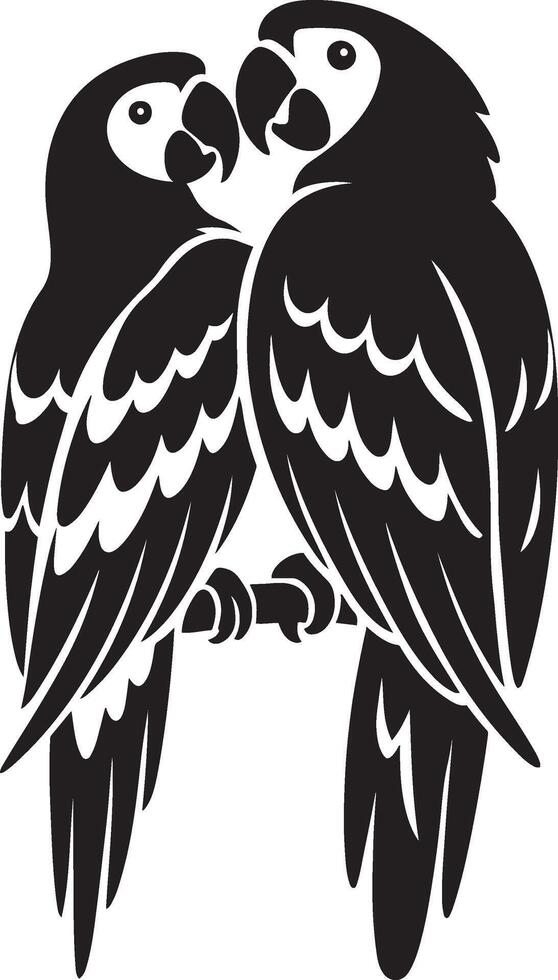Two parrots on branch silhouette illustration, Tropical birds black and white drawing vector