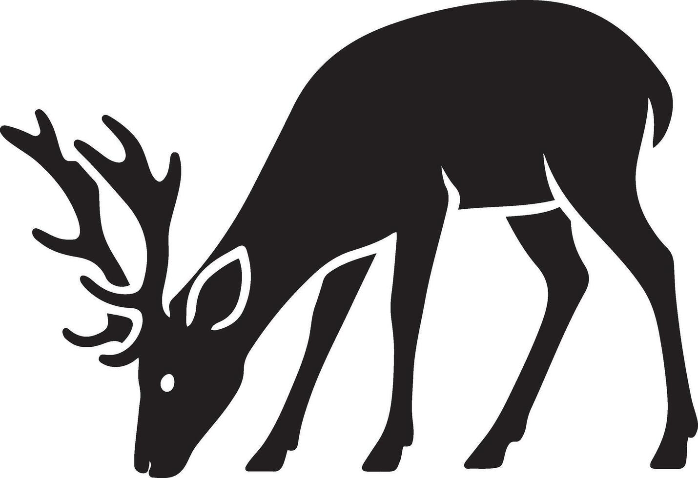 Grazing deer silhouette black and white design, Wildlife animal feeding pose line art vector