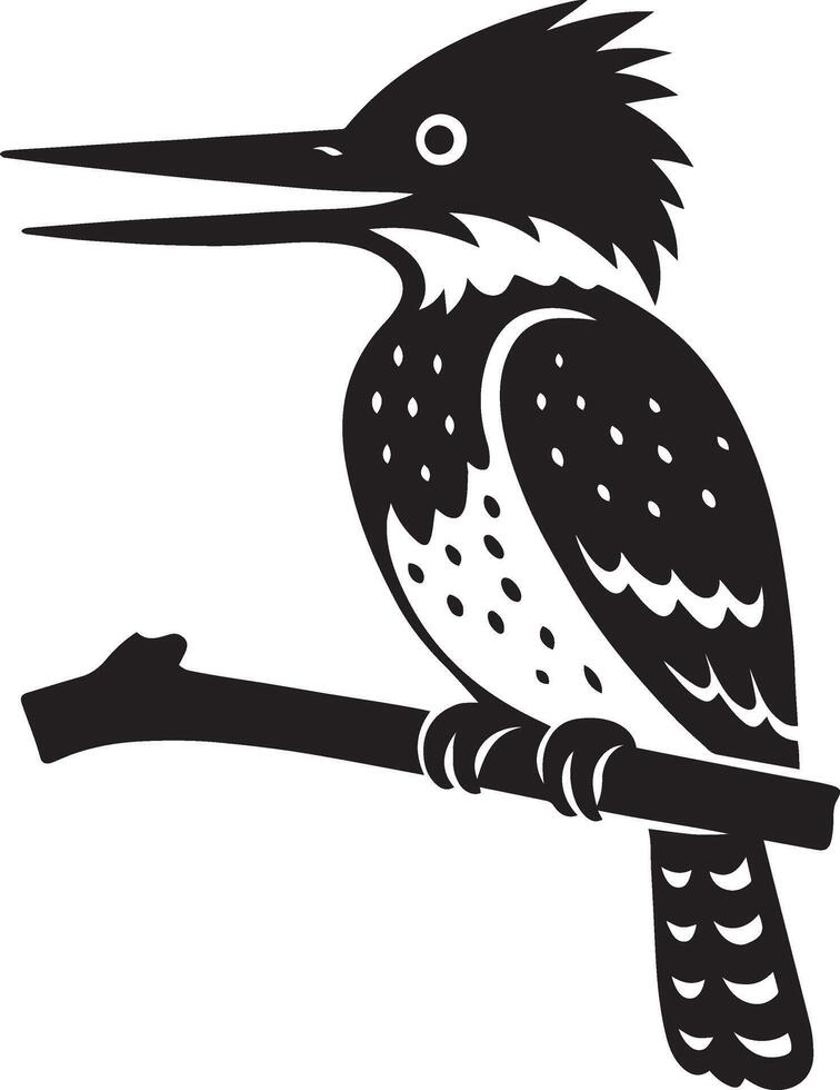 Belted kingfisher silhouette perched on branch, Elegant bird profile drawing vector