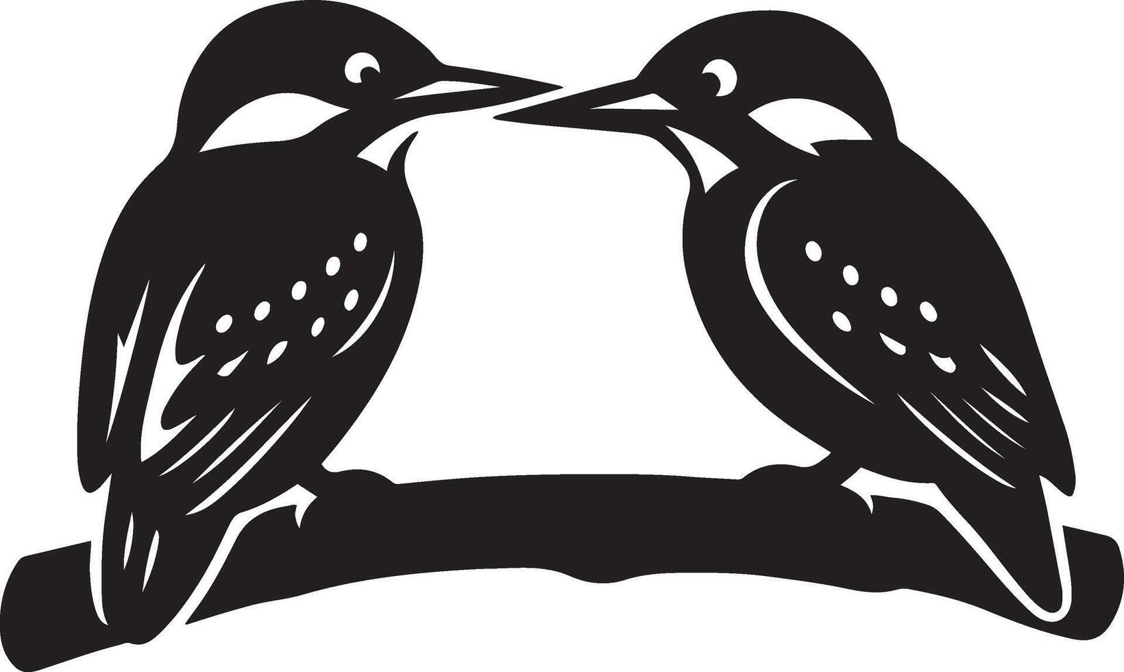 Two kingfishers on branch silhouette drawing, Birds perched elegant black and white vector