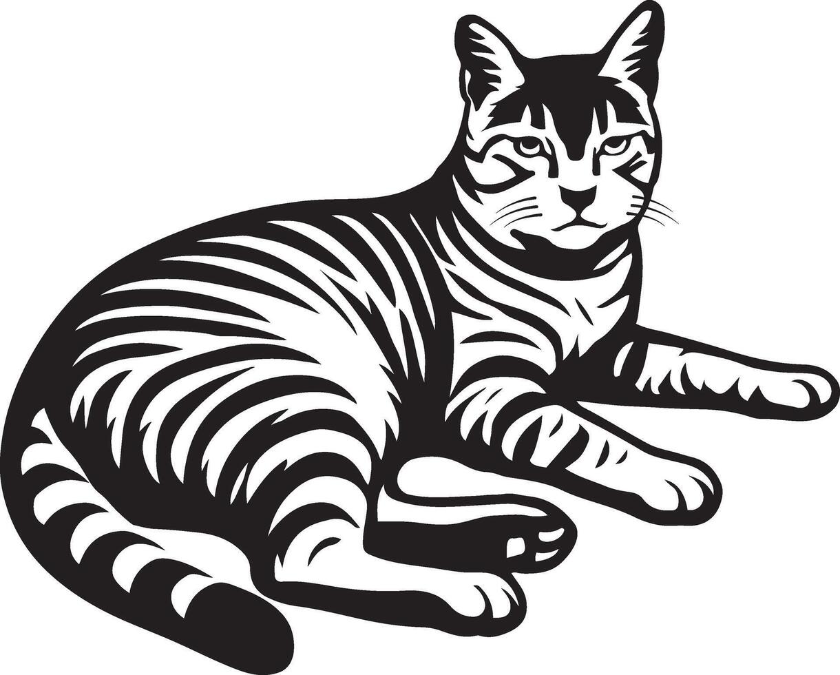 Relaxing cat black and white line art, Calm cat resting elegant minimal sketch vector