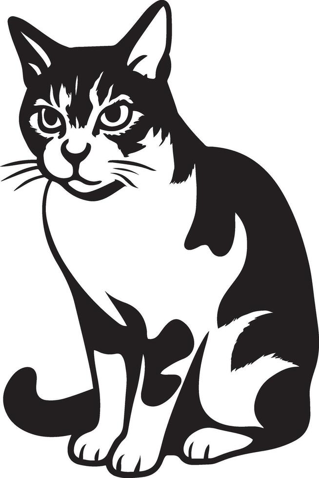 Seated cat black and white silhouette, Elegant sitting cat in minimal illustration vector