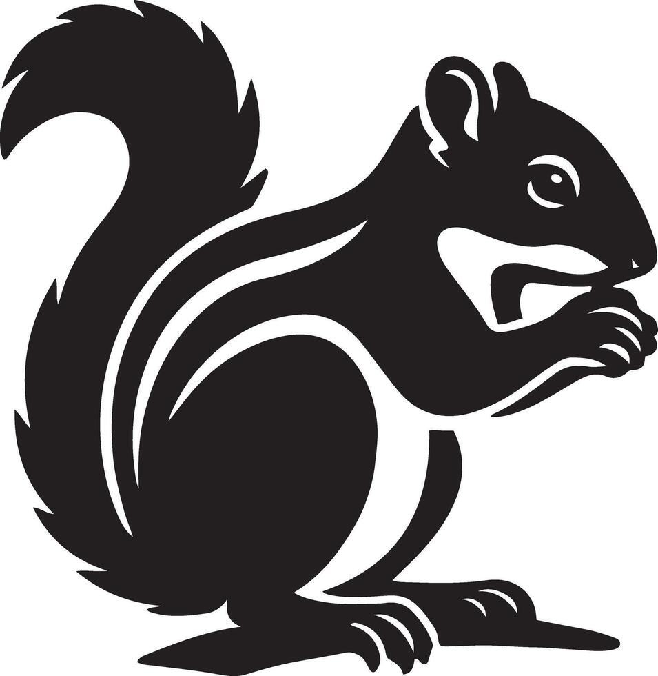 Chipmunk holding food silhouette art, Cute rodent black and white drawing vector