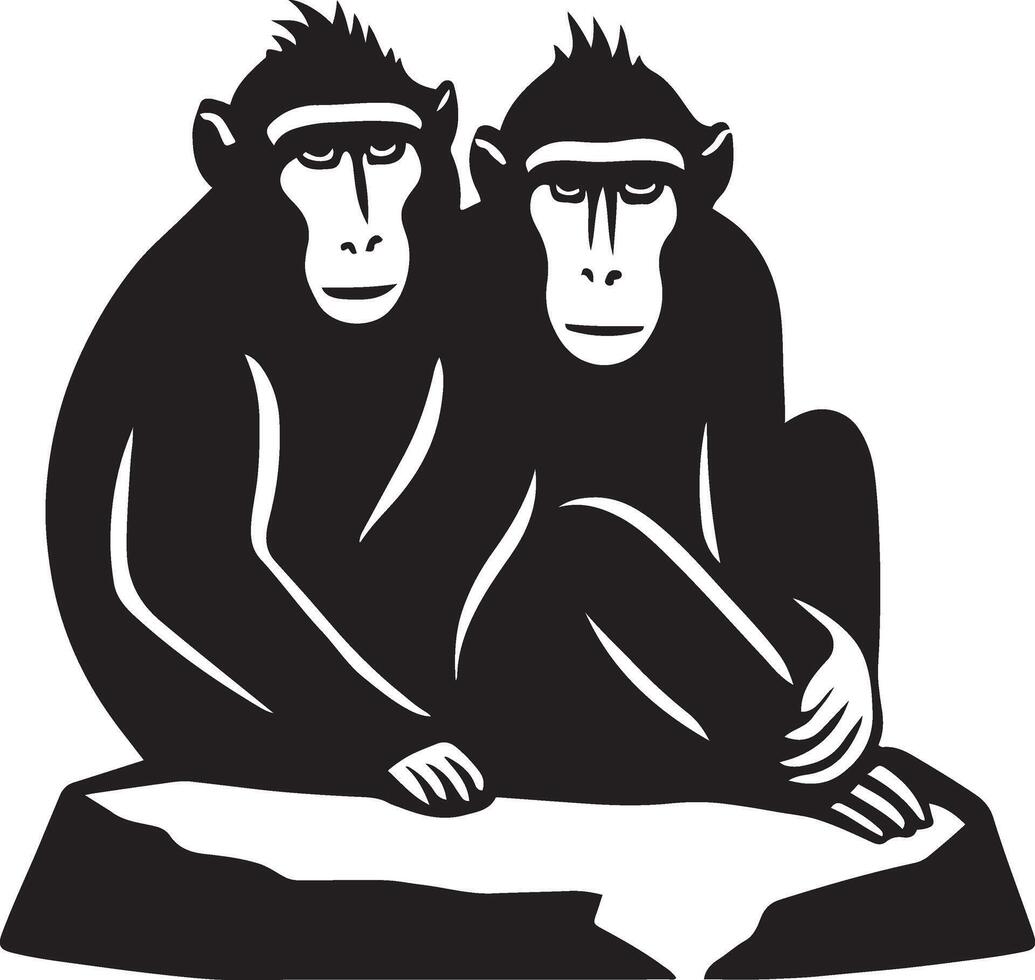 Monkeys on rock black silhouette drawing, Two primates sitting black and white art vector
