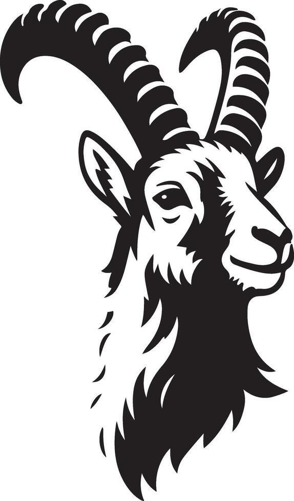 Wild goat head silhouette detailed design, Mountain goat horned animal black sketch vector