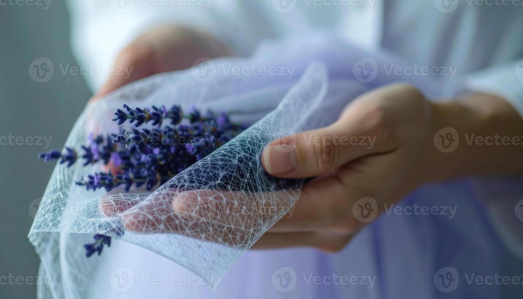 Delicate Hands Holding Lavender Sprigs Wrapped in Soft Tulle Fabric photo