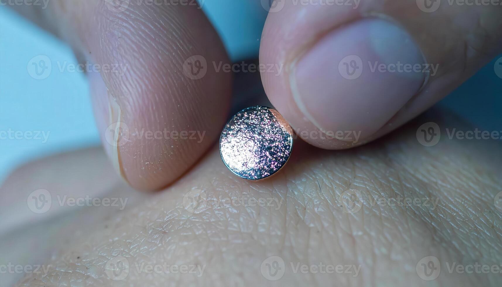 A person holding a small pink diamond on their finger photo