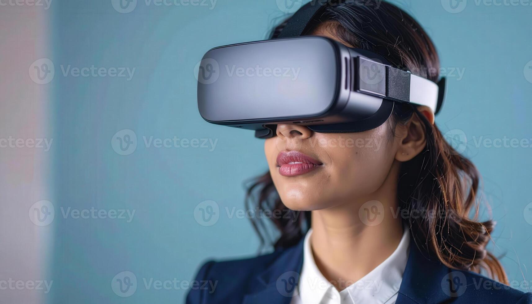 Woman Using Virtual Reality Headset for Language Learning in Modern Setting photo