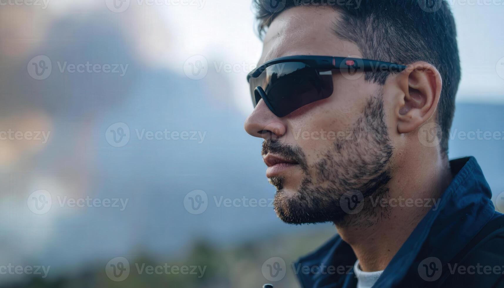 Man in Sunglasses Observing Smoke from Wildfire in Scenic Landscape photo