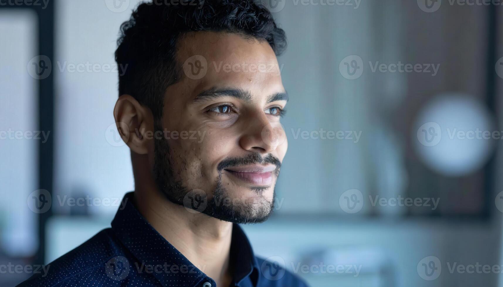 Young Professional Smiling in Modern Office Setting with Natural Light photo