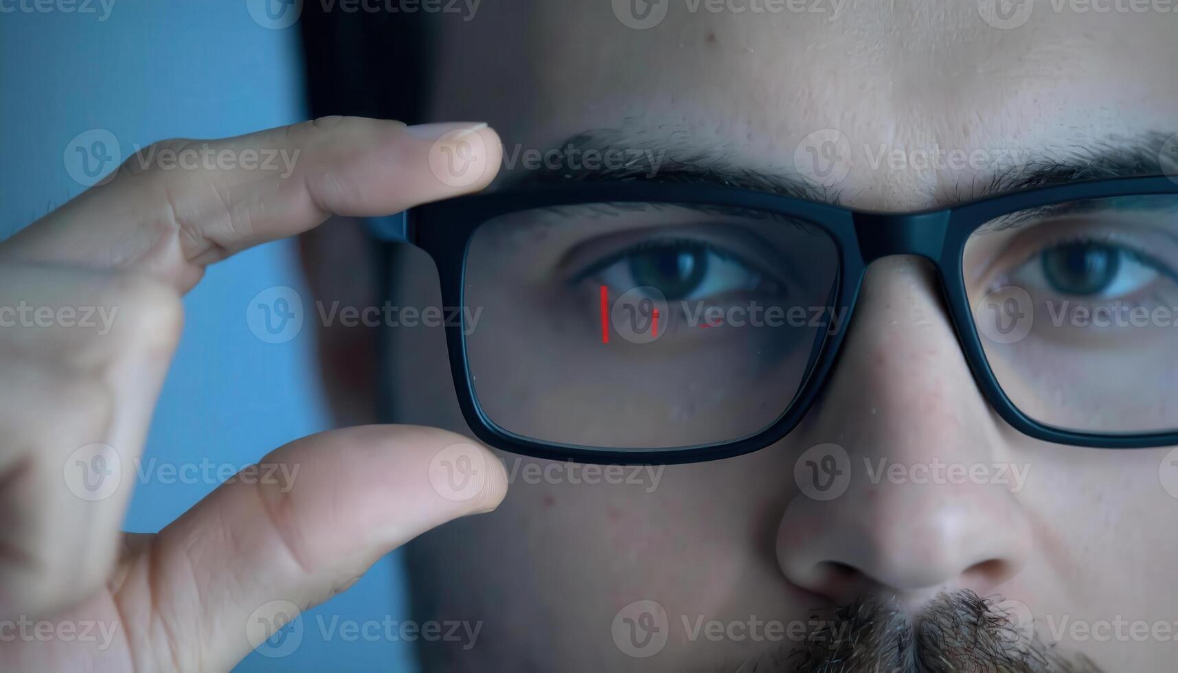 Close-Up of Man Adjusting Glasses with Focus on Lens and Eye Contrast photo