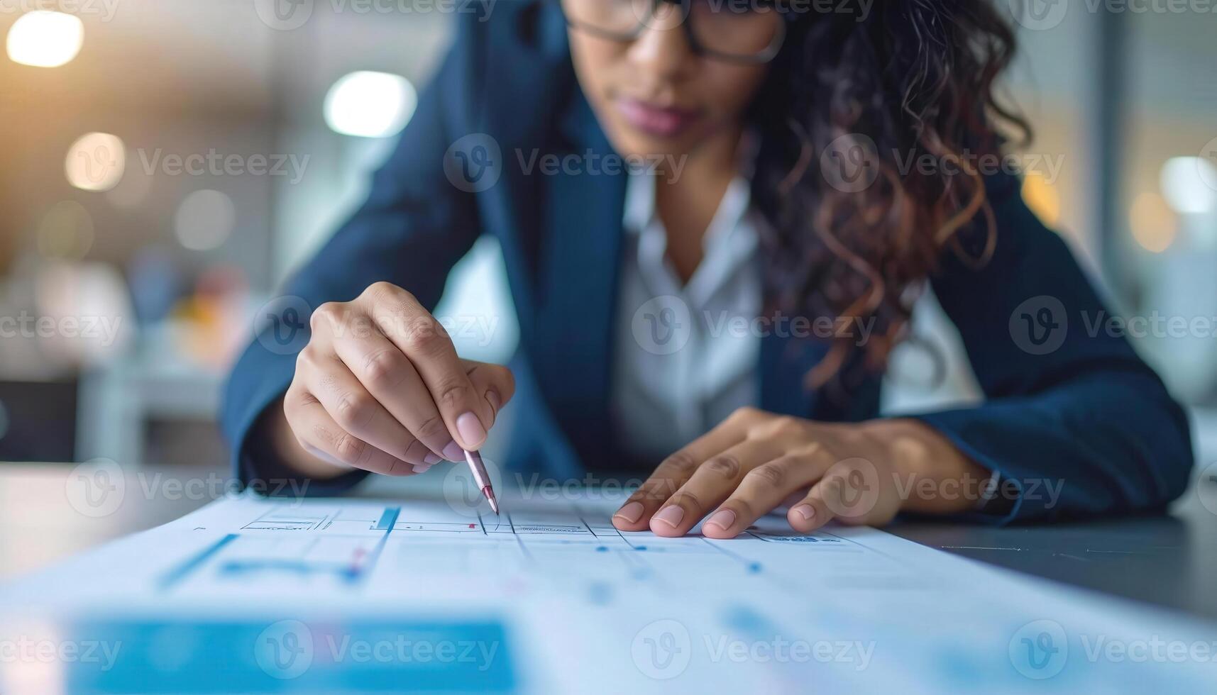 Professional Woman Analyzing Strategy and Planning on Paper Documents photo