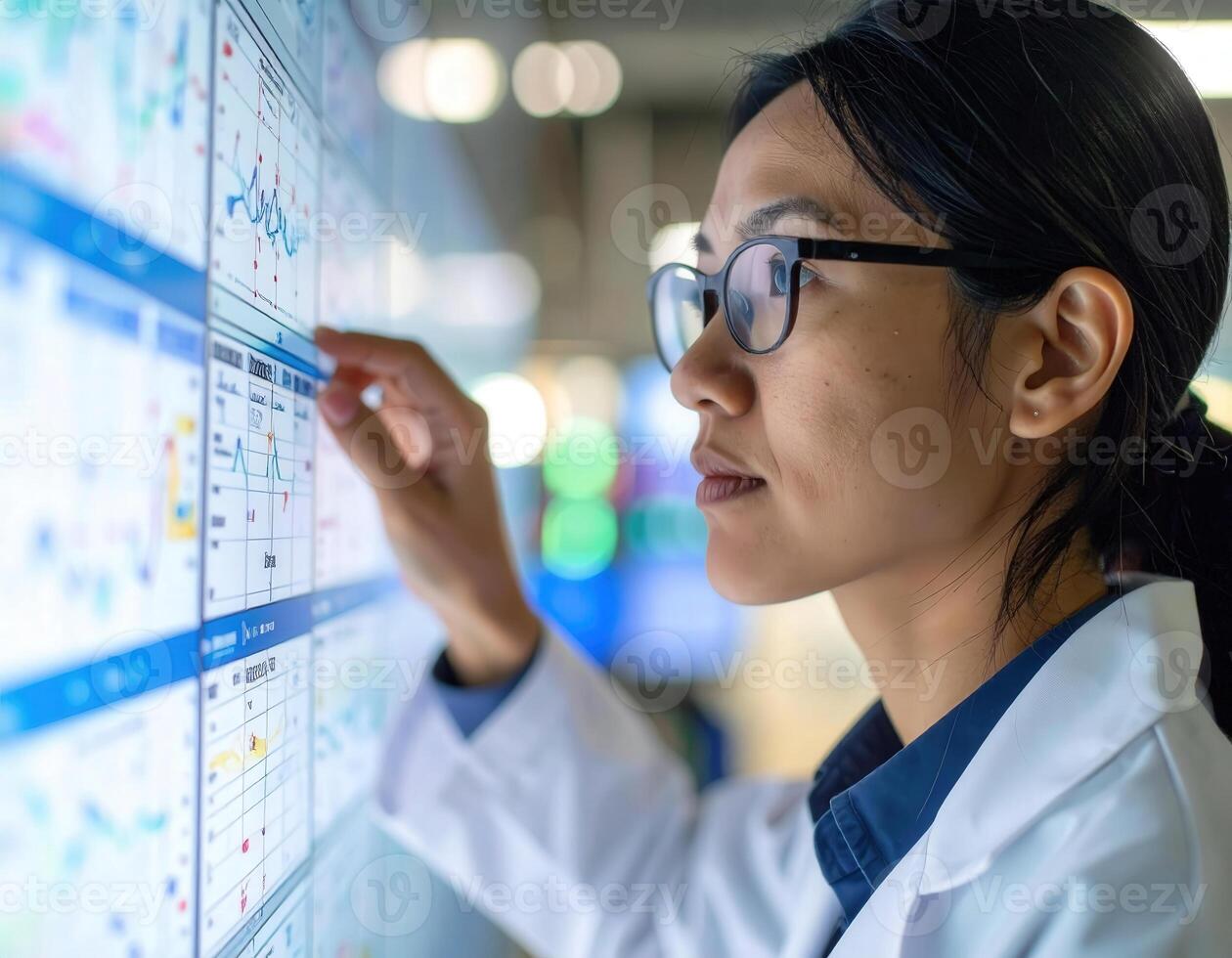 Scientist Analyzing Data on Digital Display in Modern Research Environment photo
