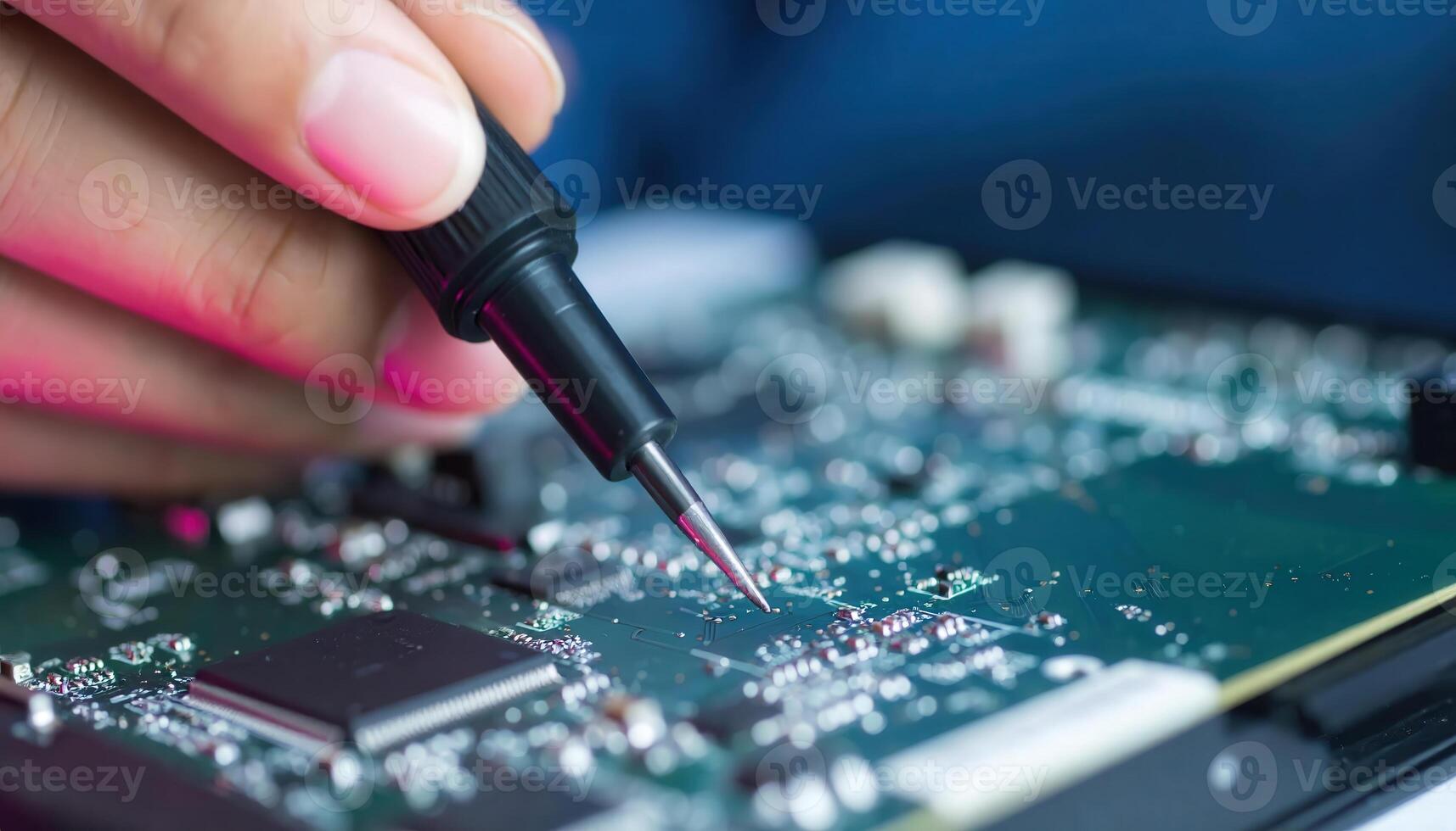 Engineer Soldering Circuit Board with Precision Tools in High-Tech Workspace photo