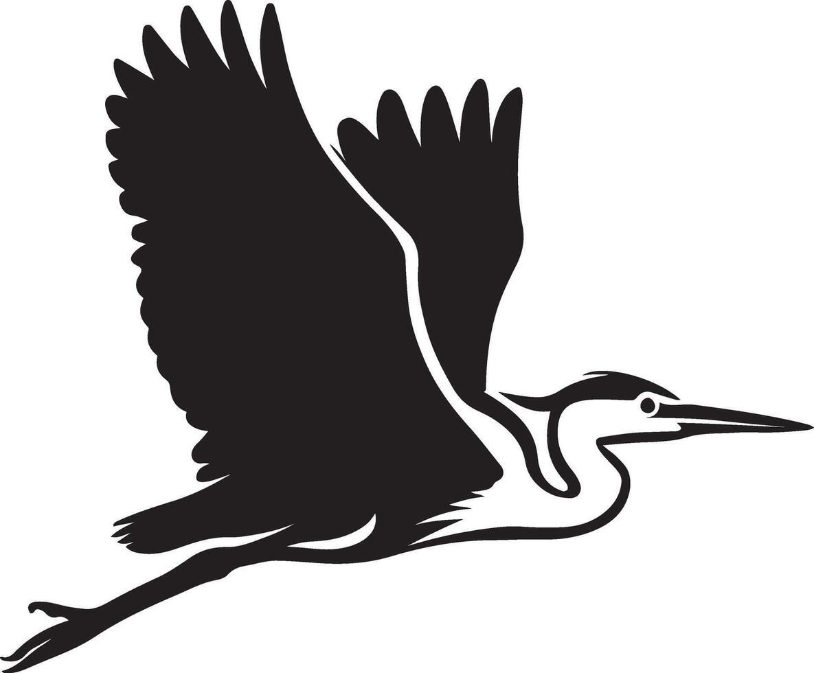 Heron in flight silhouette elegant bird, Flying heron black and white illustration vector