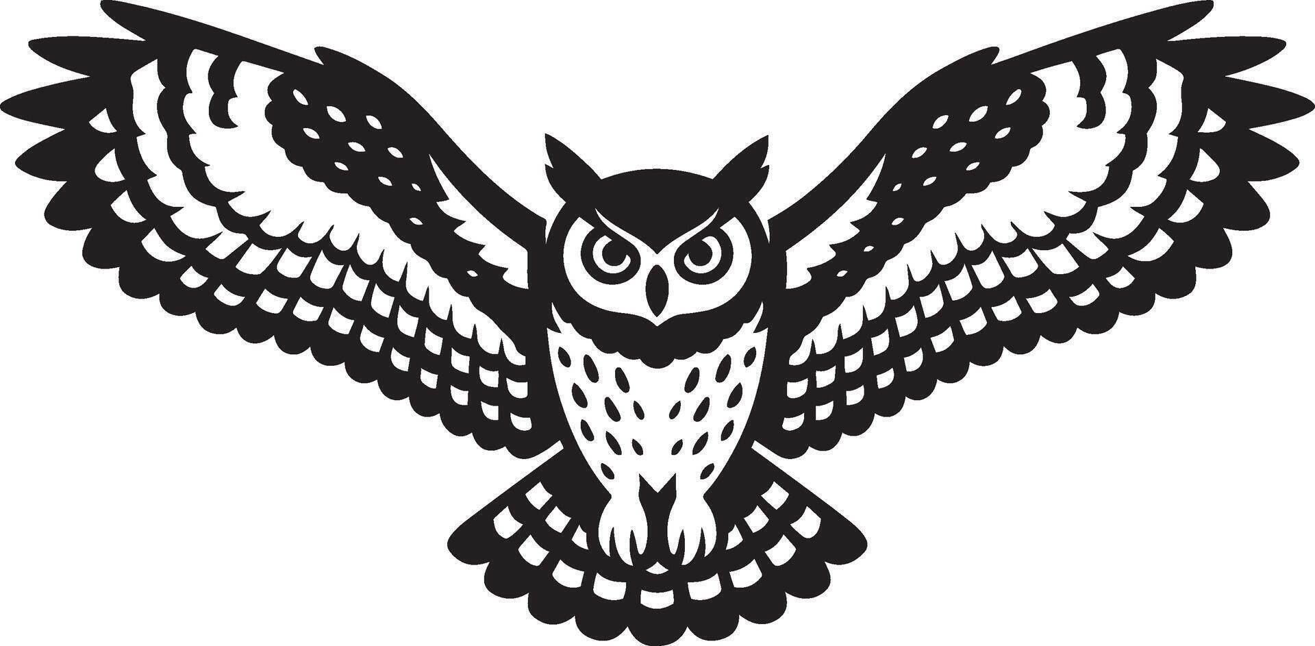 Owl in flight majestic illustration, Soaring bird silhouette elegant line art vector
