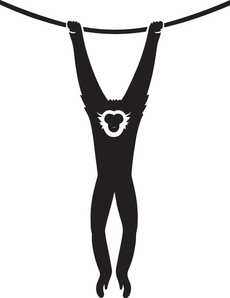 Gibbon hanging from rope silhouette, Playful primate black and white pose vector