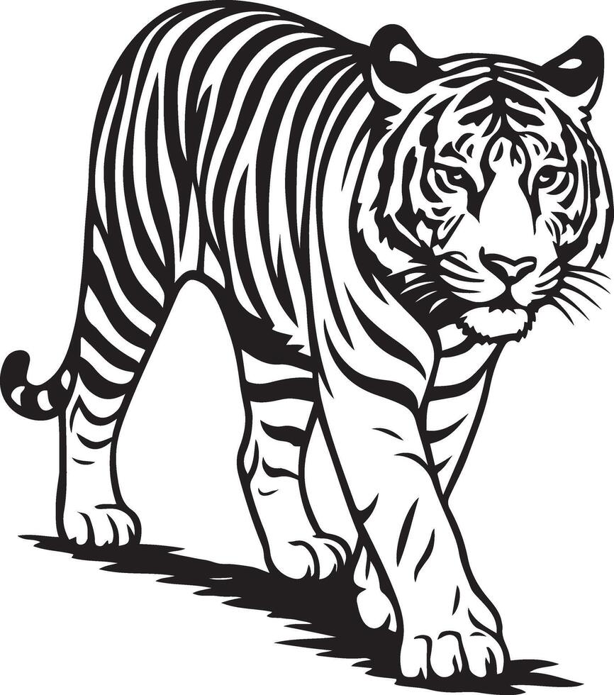 Tiger silhouette black and white powerful pose, Bold tiger profile wild animal art vector