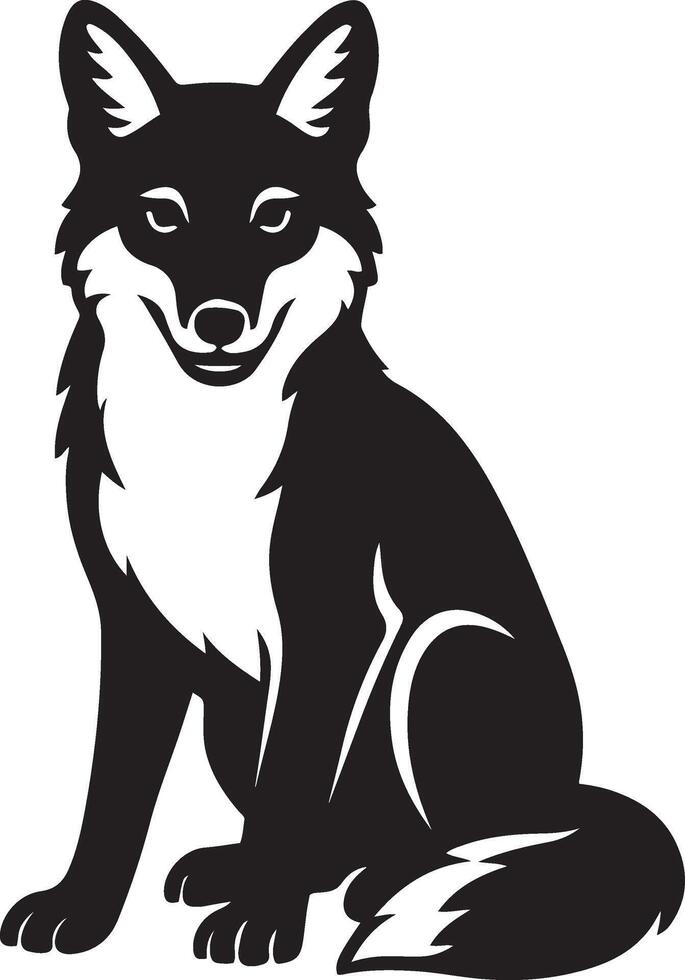 Sitting fox silhouette black and white art, Calm forest animal minimal sketch vector