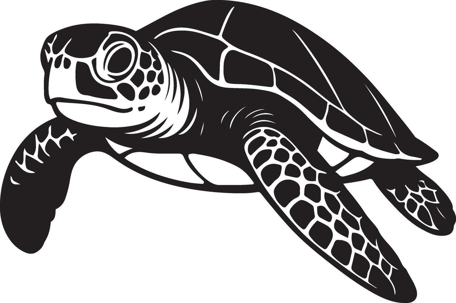 Sea turtle black silhouette bold graphic, Ocean turtle flat black and white pose vector