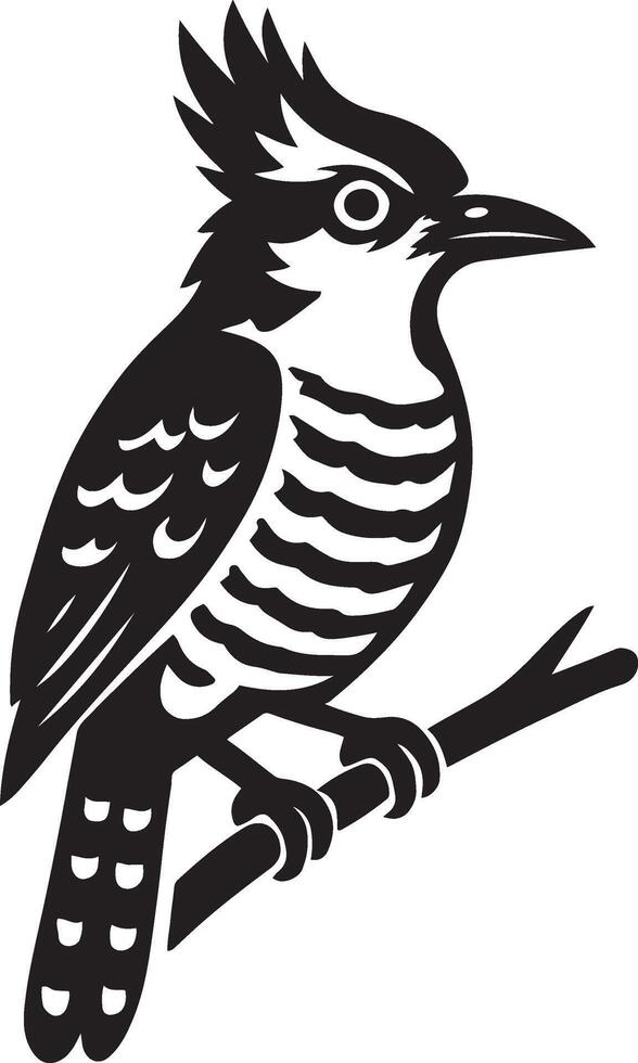 Woodpecker perched silhouette black and white, Tree bird illustration elegant drawing vector