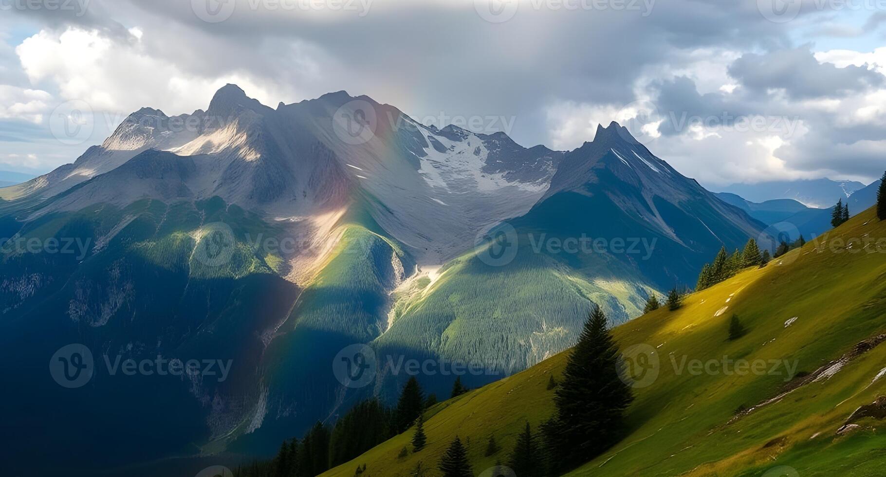 Rainbow over mountains in the alps photo