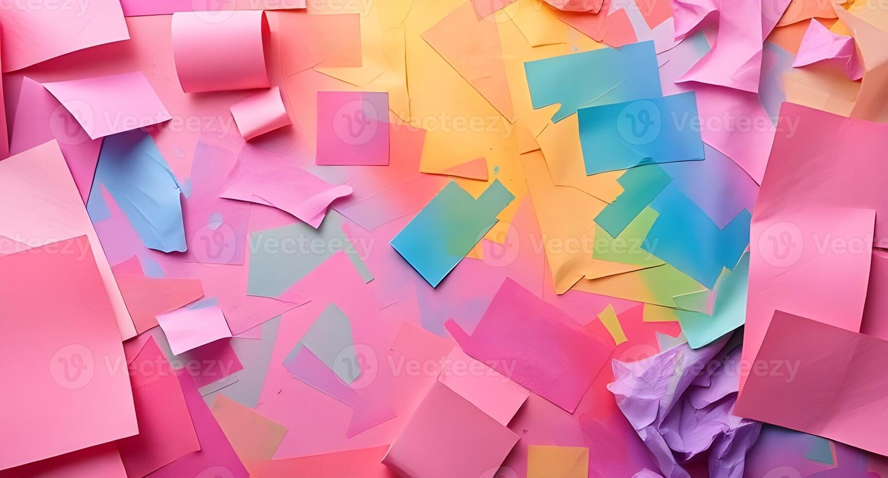 Colorful paper pieces scattered on a wall photo
