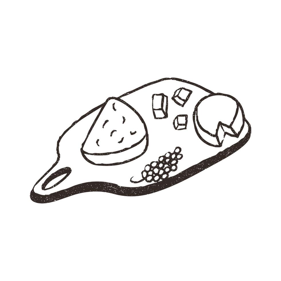 Charcuterie board, hand drawn doodle, illustration isolated on white background. Outline sketch style with grunge vintage texture. Cheese with grapes on cutting board. vector
