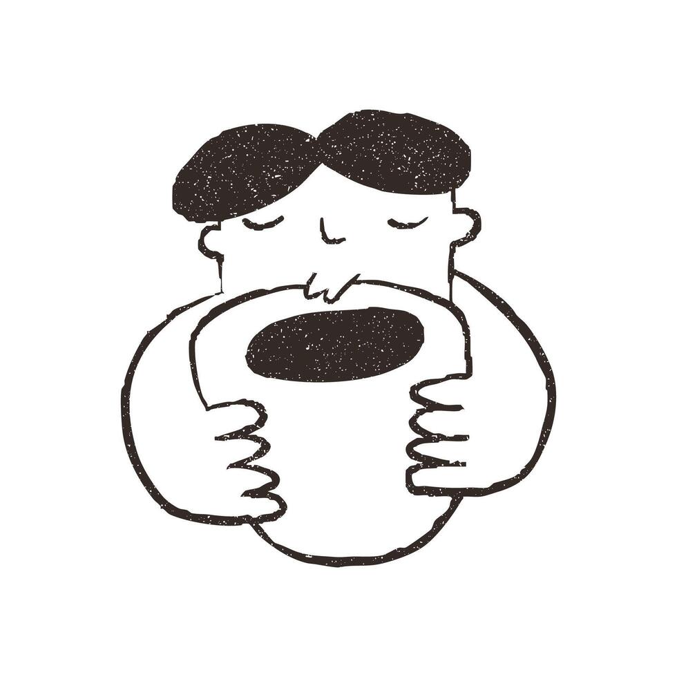 Man holding big cup of coffee, hand drawn doodle, illustration isolated on white background. Outline sketch style with grunge vintage texture. Guy hugs mug, cafe concept. vector