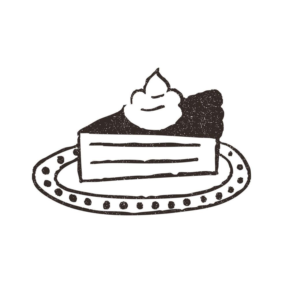 Pumpkin pie slice on plate, hand drawn doodle, illustration isolated on white background. Outline sketch style with grunge vintage texture. Sweet baked pie, cafe concept. vector