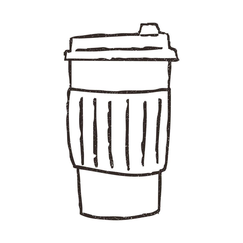 Paper cup for take away coffee or tea, hand drawn doodle, illustration isolated on white background. Outline sketch style with grunge vintage texture. To go beverage, cafe concept. vector