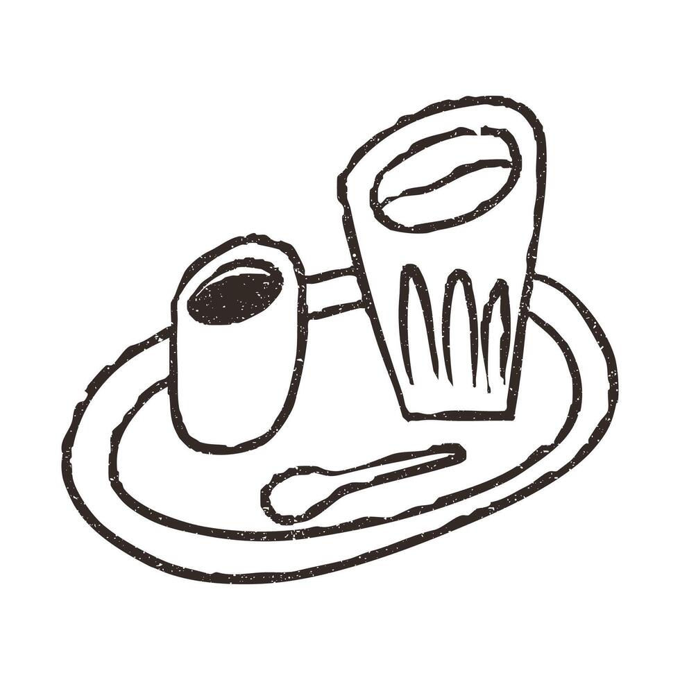 Tray with coffee cup and water glass, hand drawn doodle, illustration isolated on white background. Outline sketch style with grunge vintage texture. Cafe concept. vector