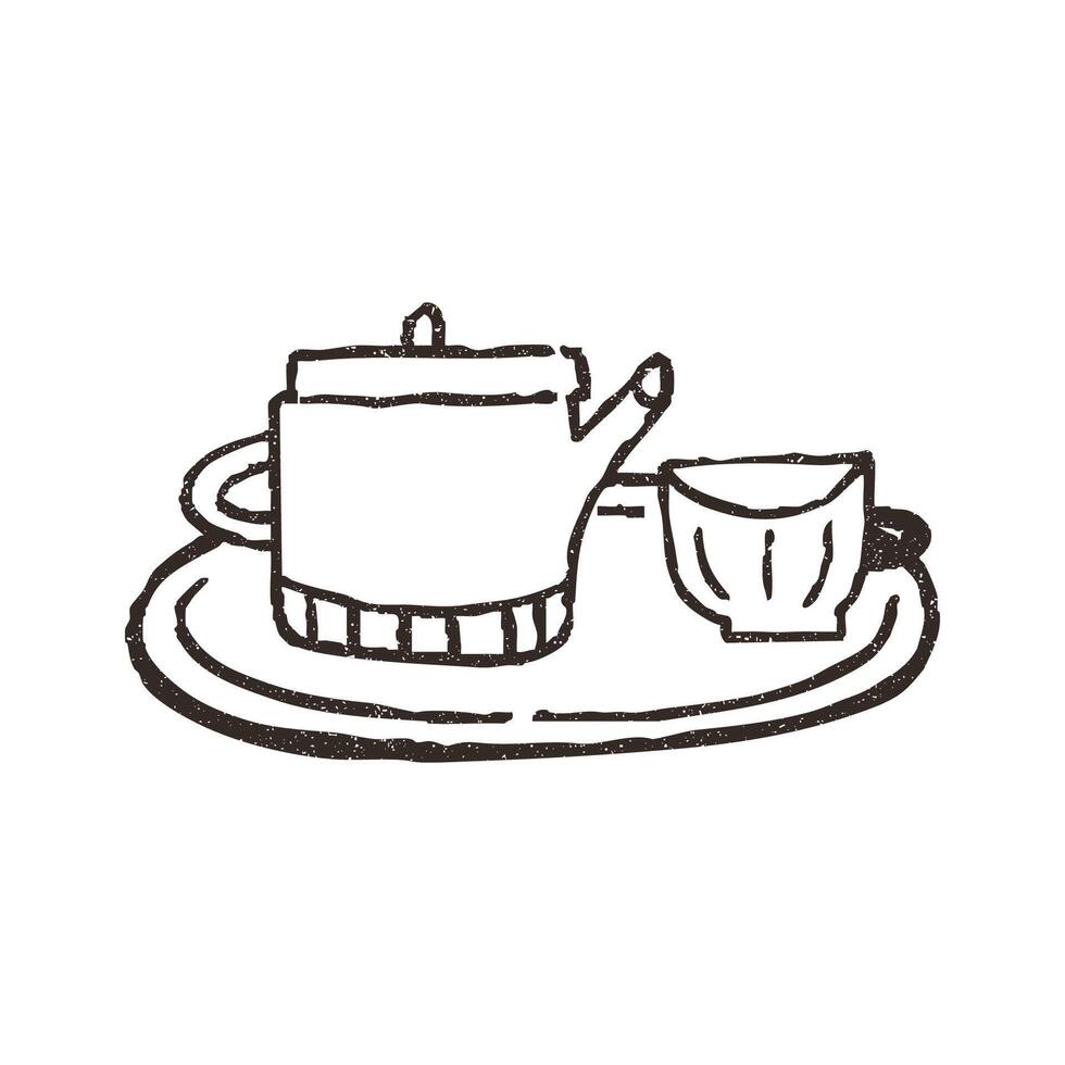 Teapot and tea cup on tray, illustration isolated on white background. Outline sketch style with grunge vintage texture. Cafe and bakery concept. vector
