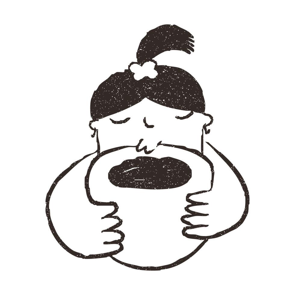 Woman holding big cup of coffee, hand drawn doodle, illustration isolated on white background. Outline sketch style with grunge vintage texture. Girl hugs mug, cafe concept. vector